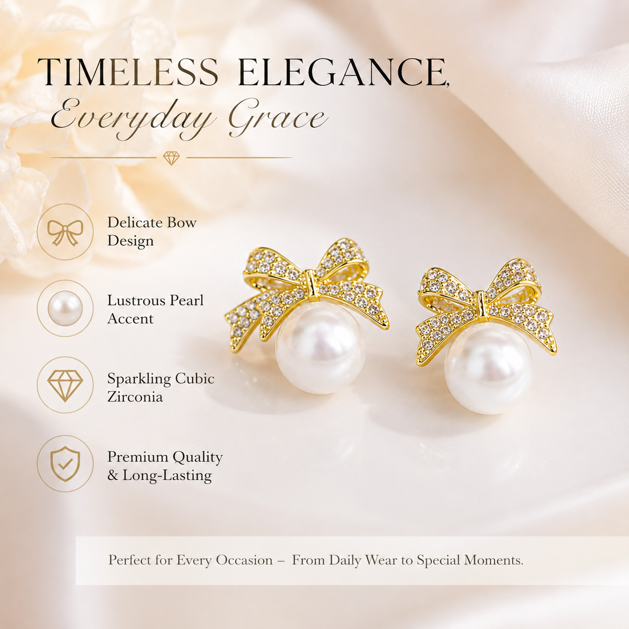 Gold bow earrings with pearl and cubic zirconia, elegant everyday jewelry for women