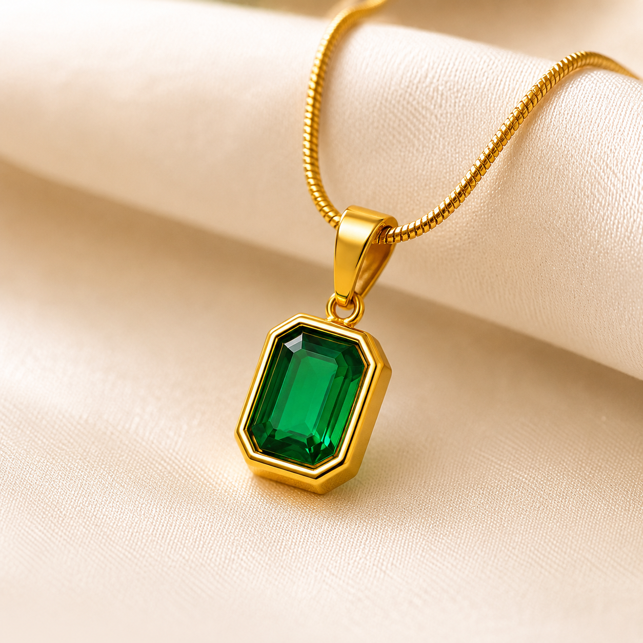 Gold necklace with emerald green pendant, anti-tarnish jewelry for women, elegant everyday luxury style