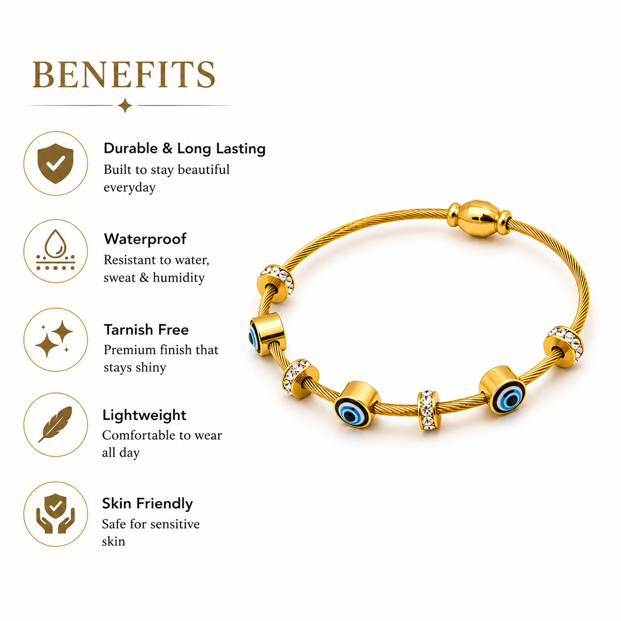 Gold evil eye bracelet with crystals, tarnish-free & waterproof for everyday wear