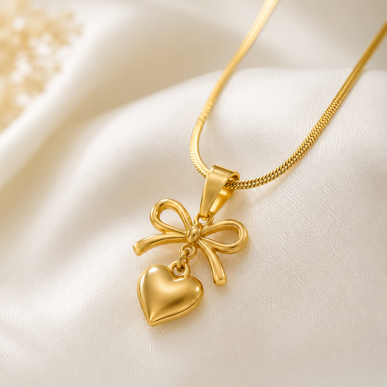Gold bow and heart pendant necklace on satin, anti-tarnish luxury jewelry for women