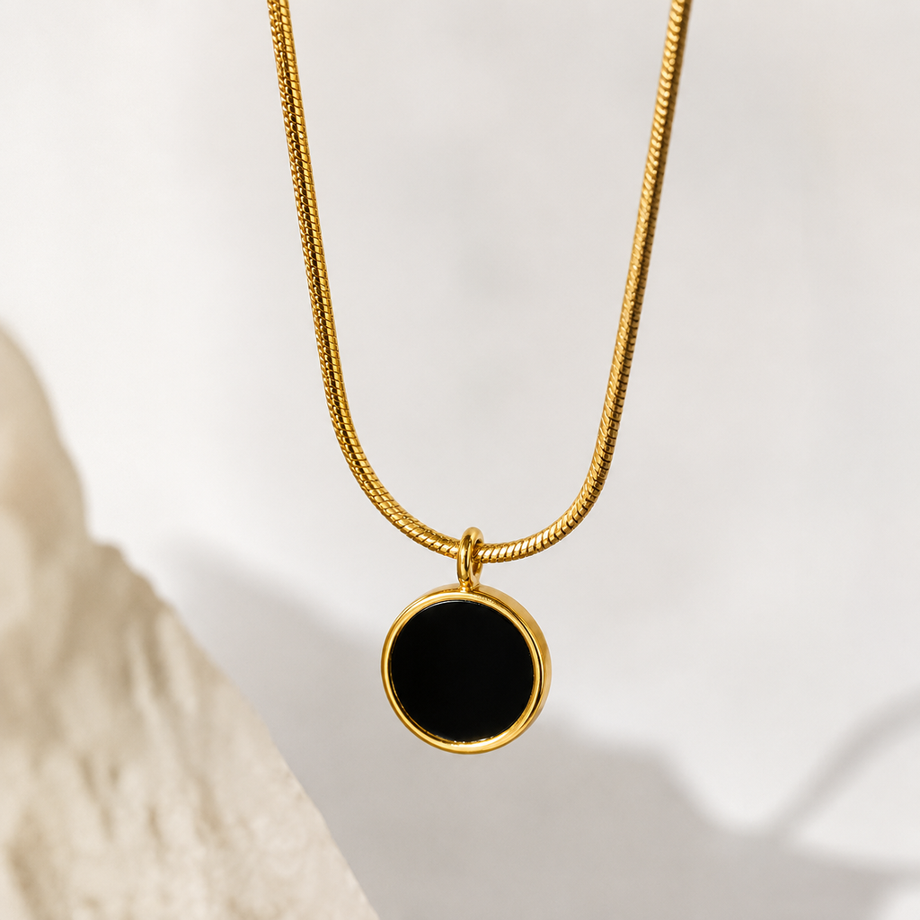 Gold snake chain necklace with black onyx pendant, anti-tarnish luxury jewelry for women