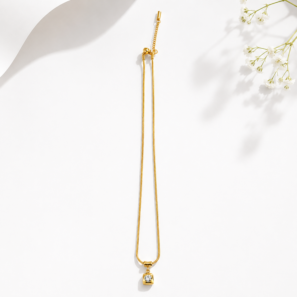 Gold snake chain necklace with square crystal pendant, anti-tarnish jewelry for women, elegant everyday luxury
