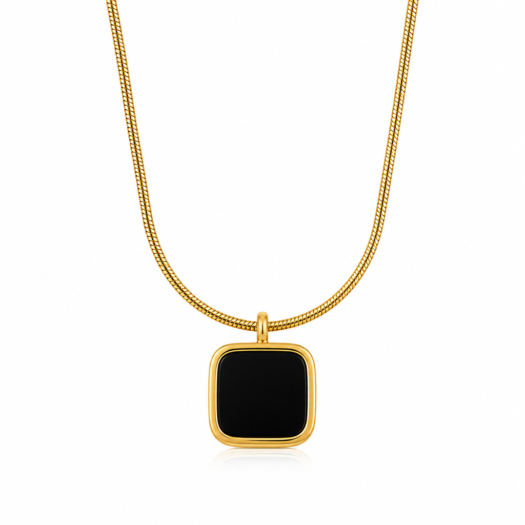 Gold square pendant necklace with black stone, anti-tarnish luxury jewelry for women