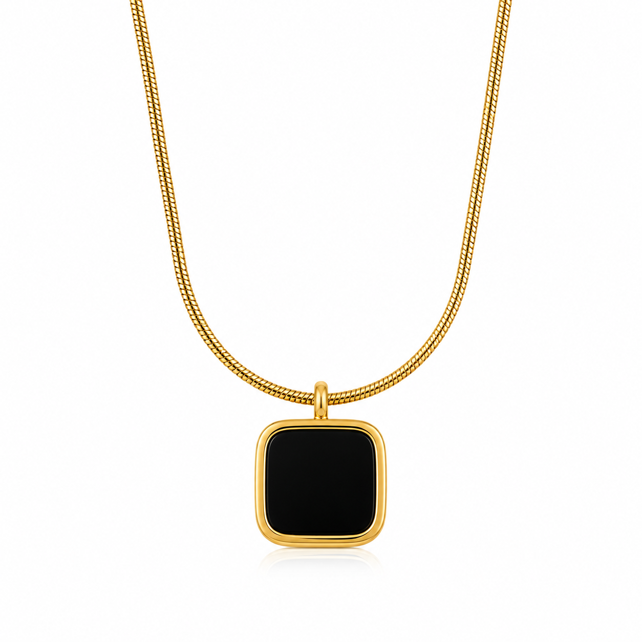 Gold square pendant necklace with black stone, anti-tarnish luxury jewelry for women