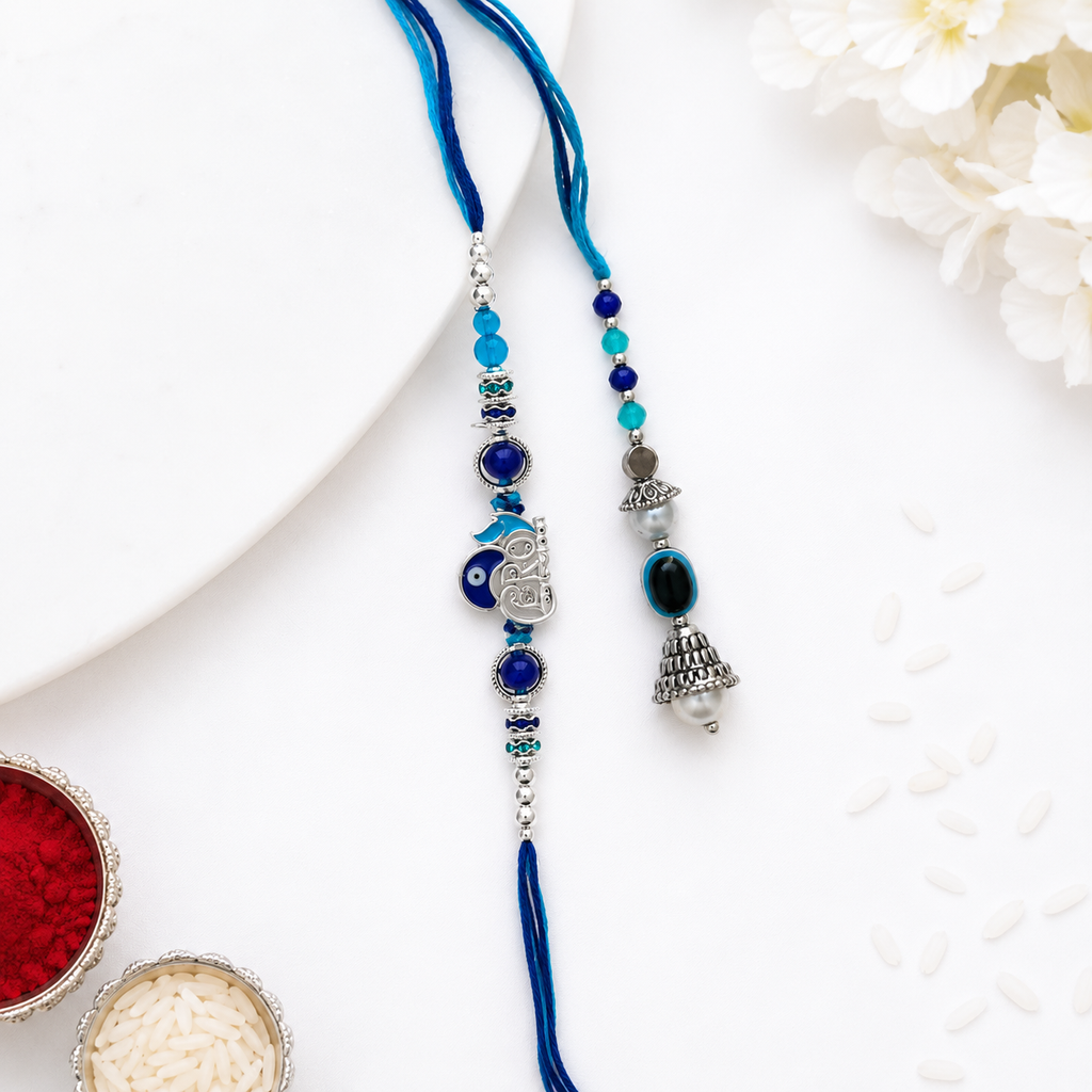 Premium Om Evil Eye Rakhi & Oxidized Jhumki Lumba Set