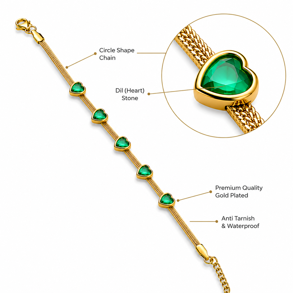 Gold-plated bracelet with heart-shaped green stones, anti-tarnish & waterproof, circle chain design