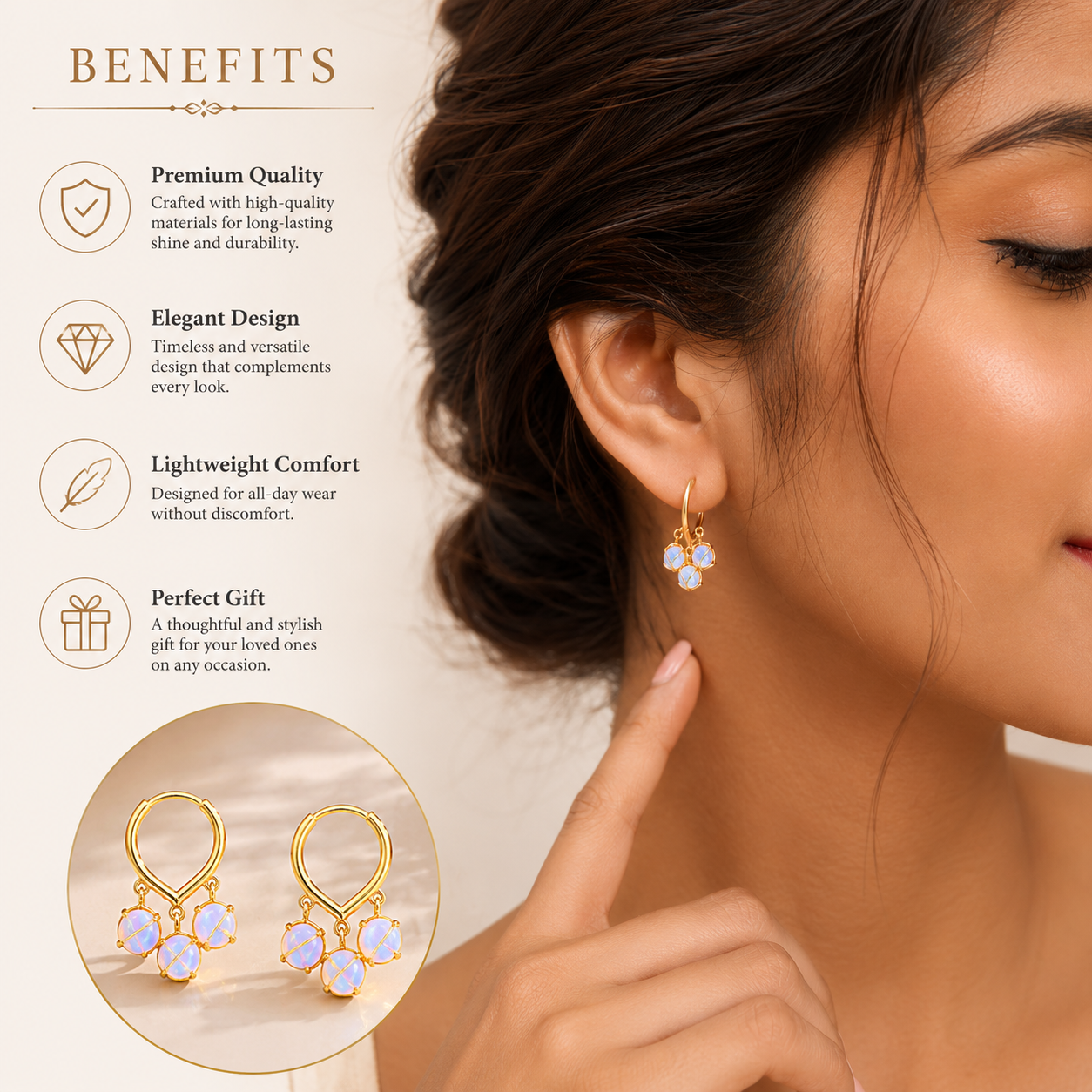 Gold hoop earrings with opal stones, elegant anti-tarnish jewelry for everyday wear and gifting
