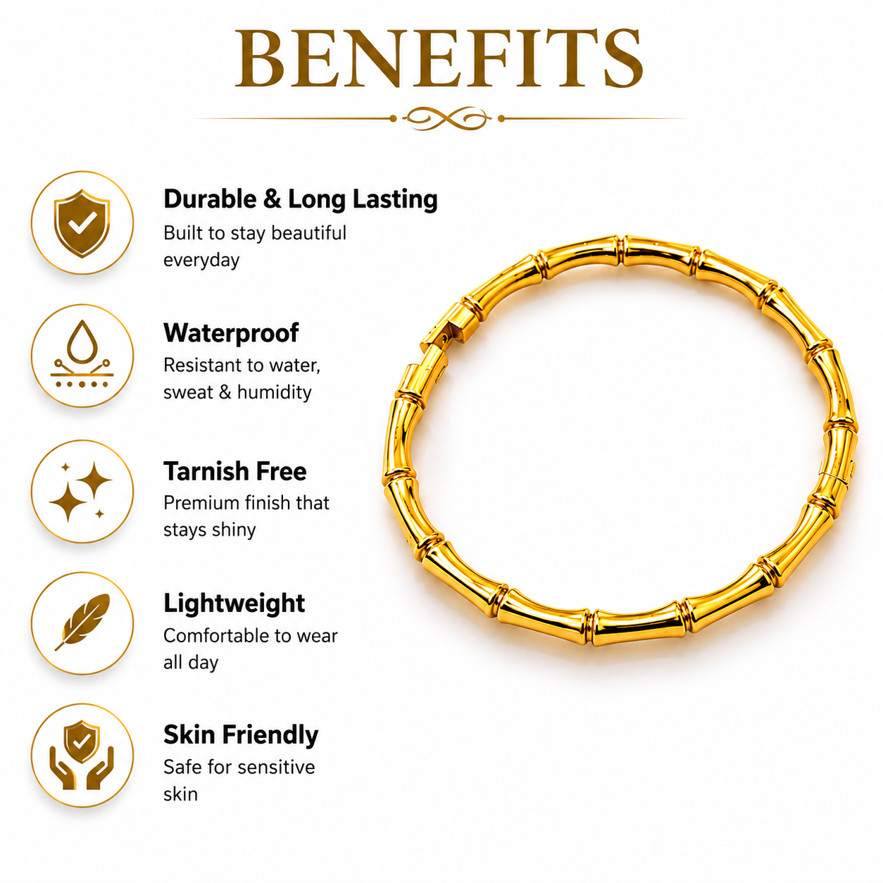 Gold bamboo-style bracelet with tarnish-free, waterproof, lightweight & skin-friendly benefits for everyday wear