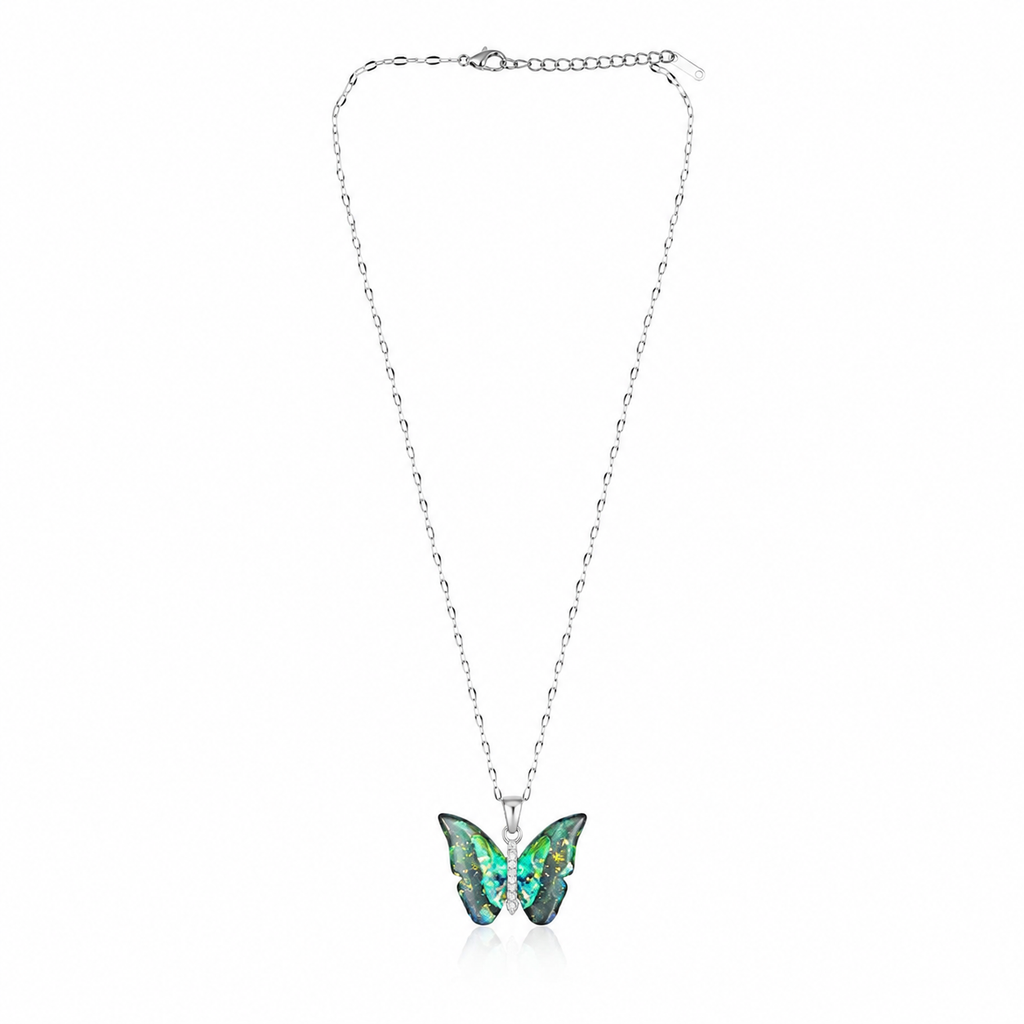 Elegant butterfly pendant necklace with iridescent green wings on silver chain, anti-tarnish jewelry for women