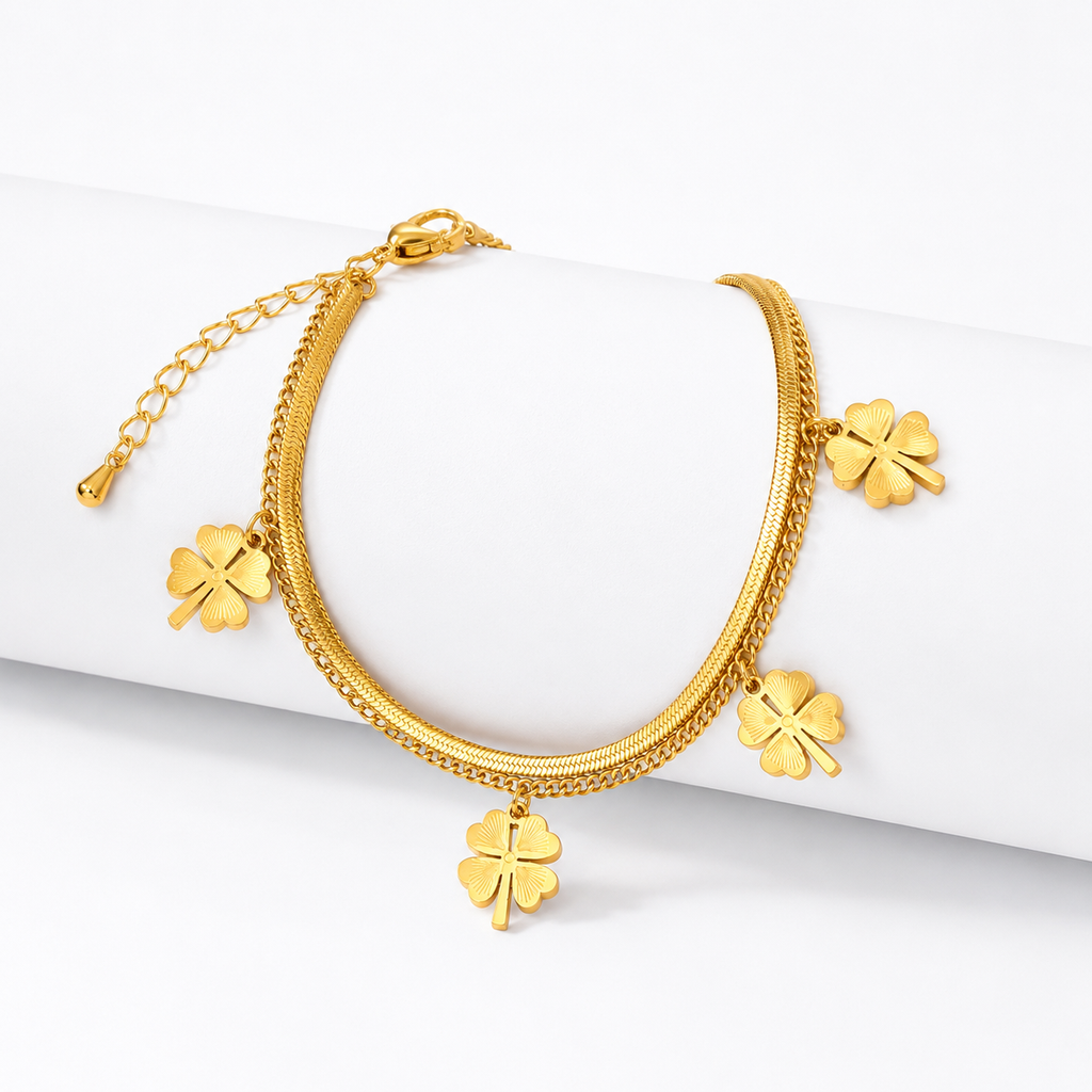 Gold Clover Charm Bracelet for Women – Adjustable Layered Lucky Bracelet