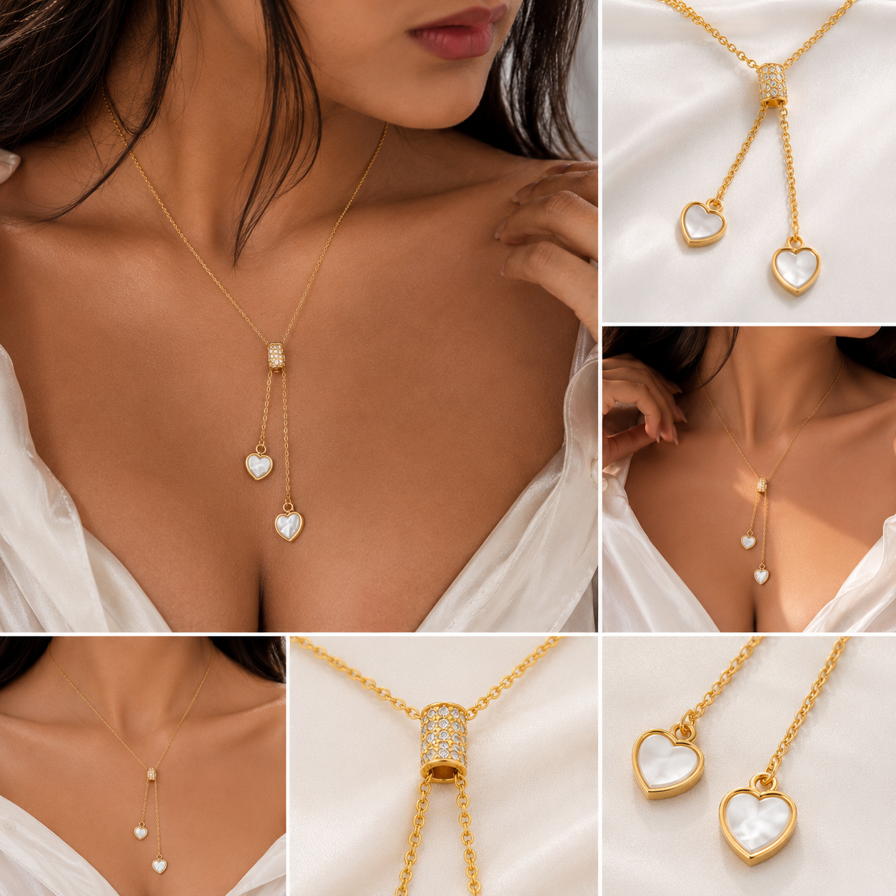 Double Heart Lariat Necklace — 18k Gold Mother of Pearl