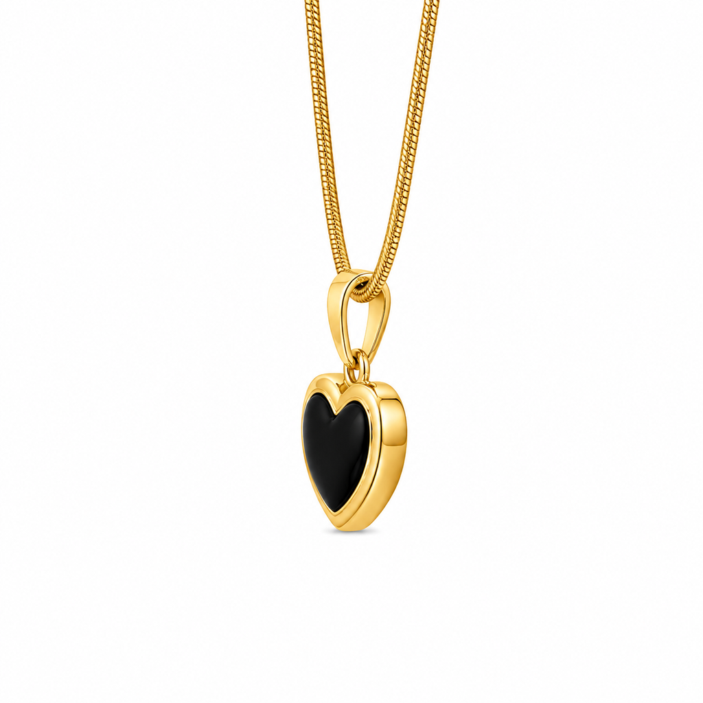 Black Onyx Heart Necklace — 18k Gold Snake Chain