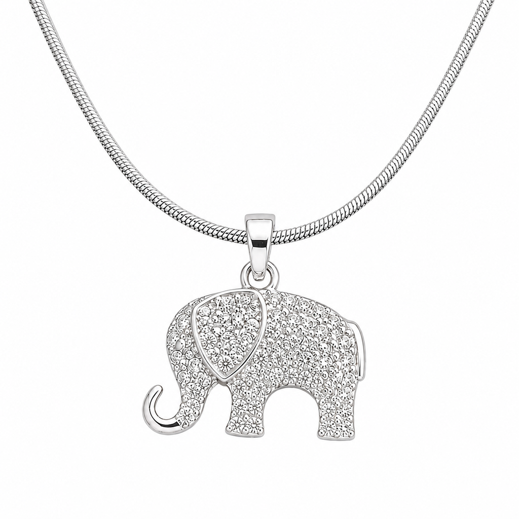 Crystal Rhinestone Elephant Pendant Necklace – Silver Lucky Charm Snake Chain