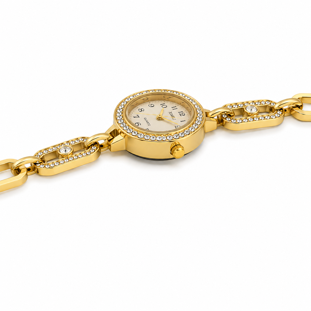 Women's Gold Quartz Watch – Crystal Bezel & Chain Link Strap