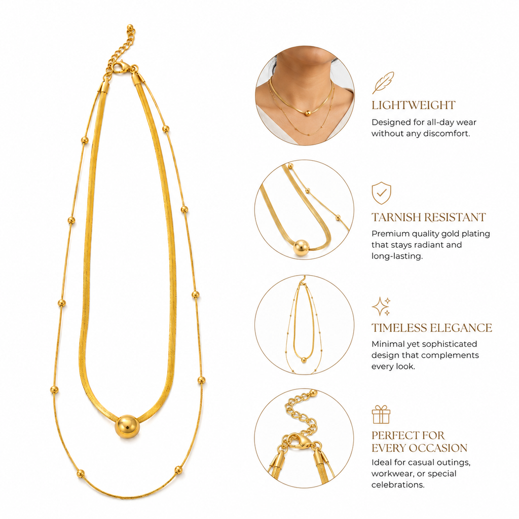 Gold Layered Ball Pendant Necklace | Herringbone & Satellite Chain | Women's Gift Jewellery