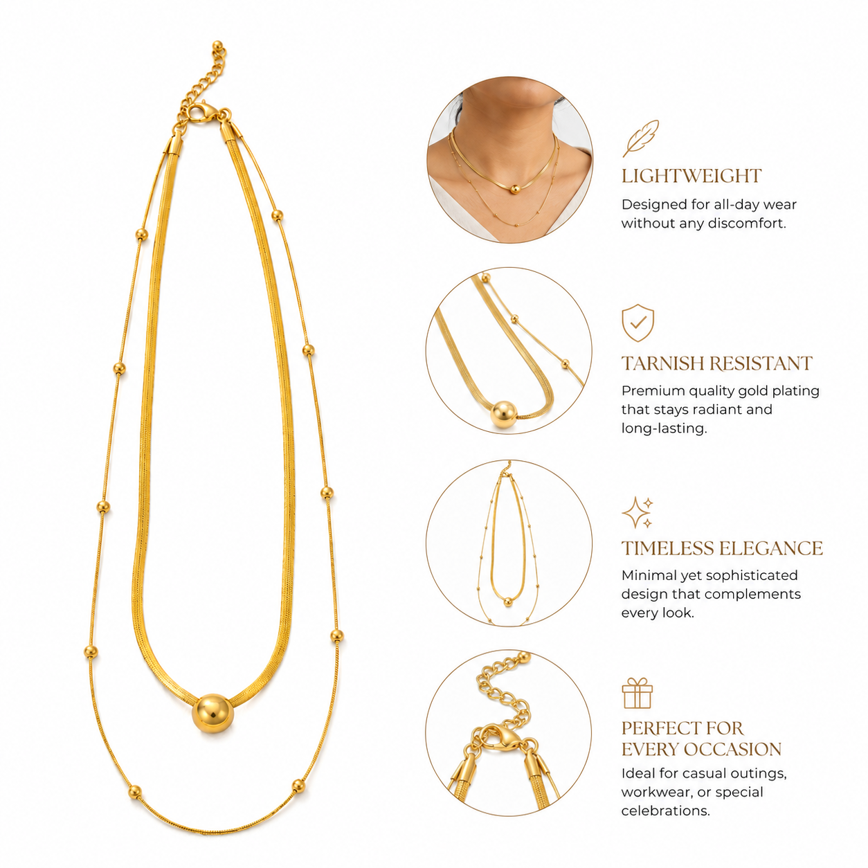 Gold Layered Ball Pendant Necklace | Herringbone & Satellite Chain | Women's Gift Jewellery