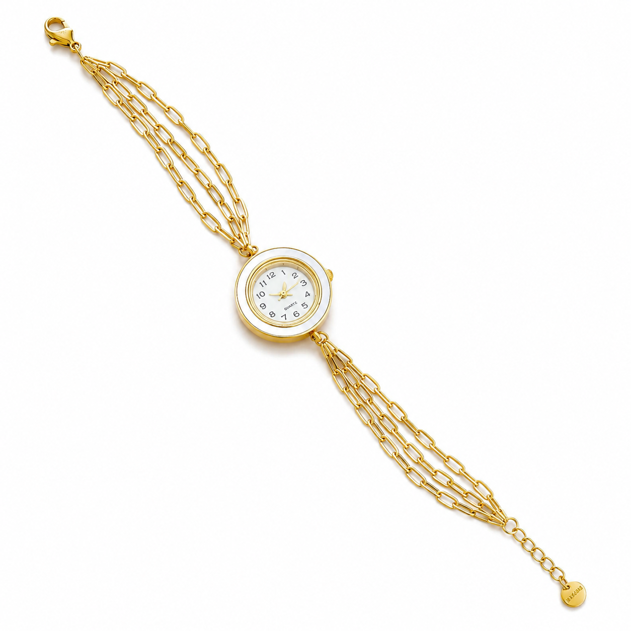 Women's Gold Quartz Watch – White Bezel & Triple Chain Bracelet