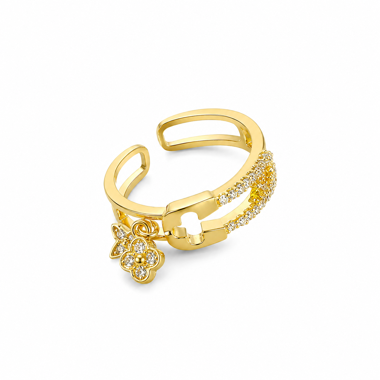 Gold flower charm ring with crystal accents, anti-tarnish adjustable design for women's everyday luxury