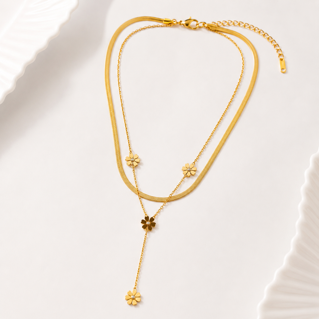 Golden Floral Layered Lariat Necklace for Women | Elegant Multi-Layer Pendant Chain