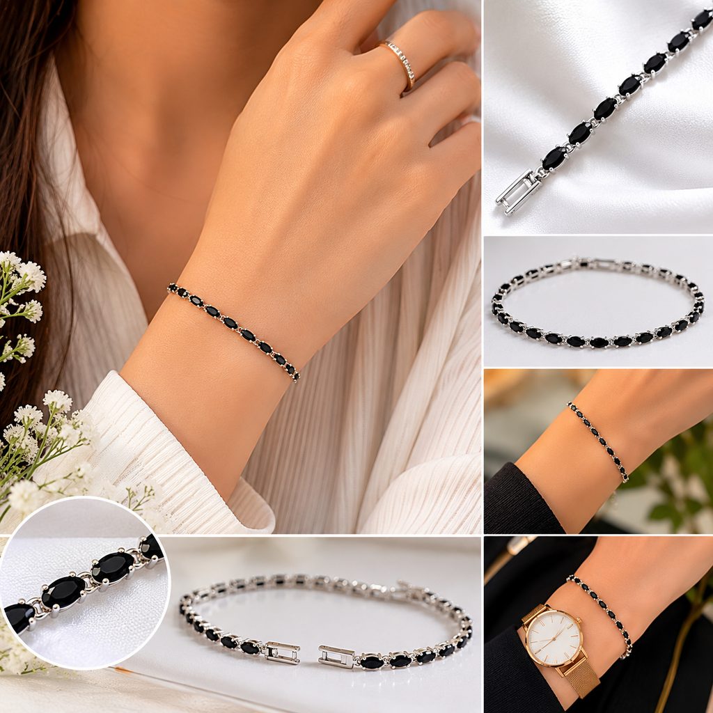 Black Stone Bracelet for Women – Stylish Silver Tennis Bracelet
