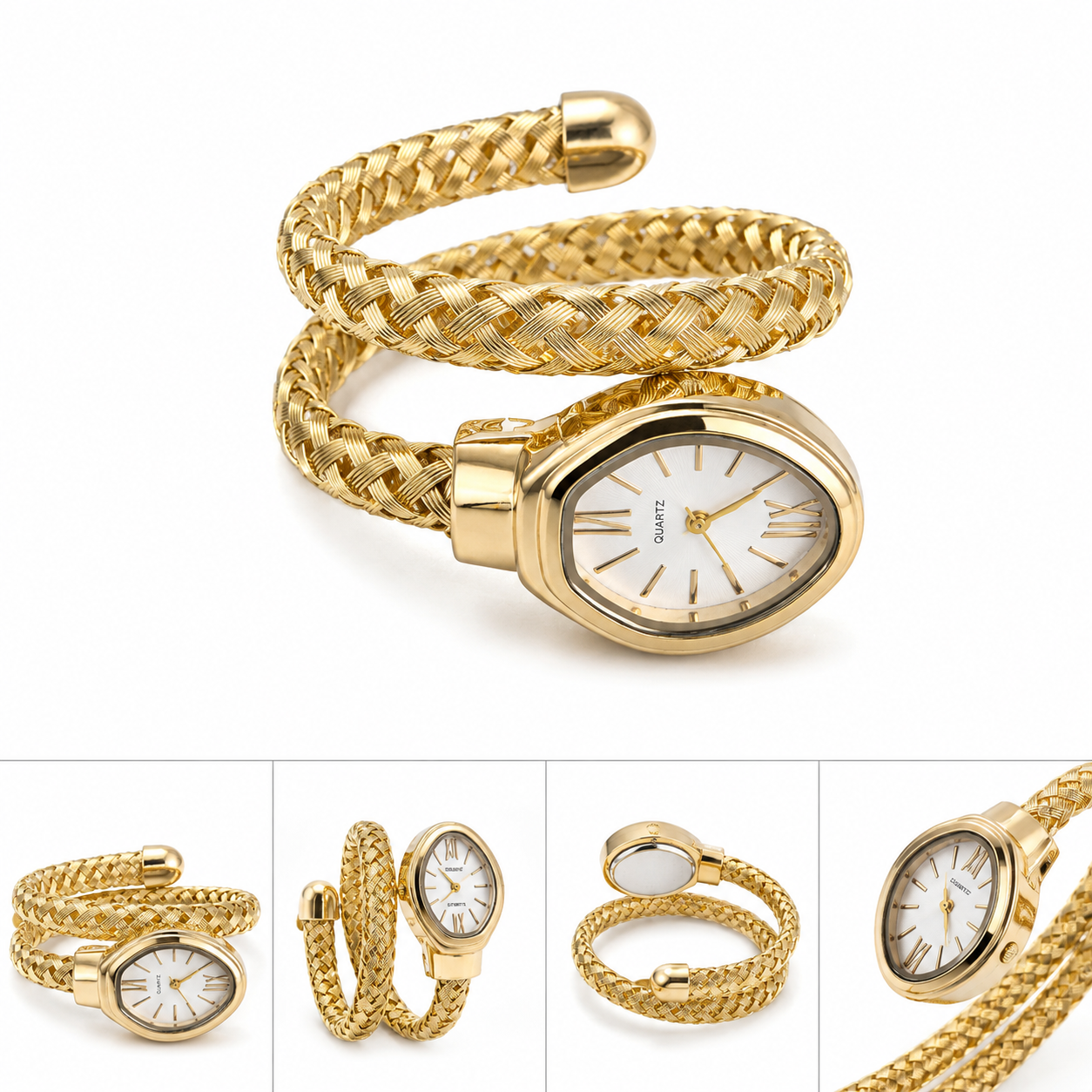 Gold Braided Wrap Watch for Women | Oval Dial Quartz Bangle Wristwatch