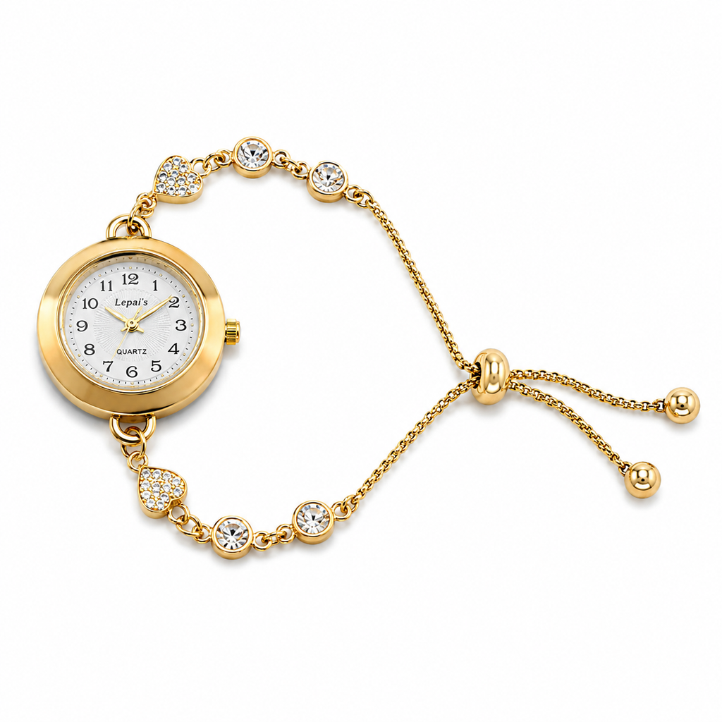Lepai's Women's Gold Quartz Watch – Heart Crystal Bolo Bracelet