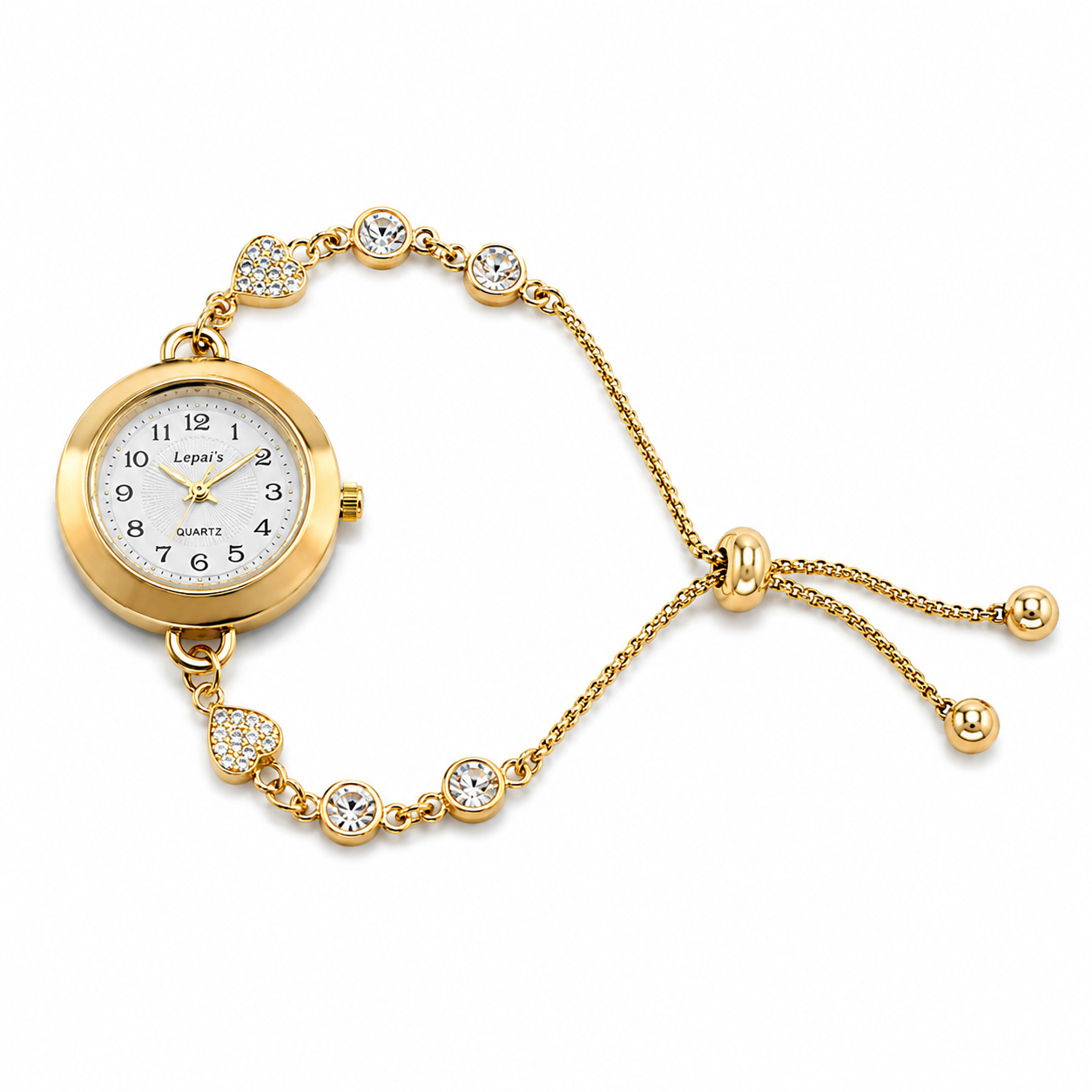 Lepai's Women's Gold Quartz Watch – Heart Crystal Bolo Bracelet