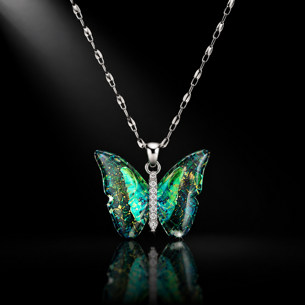 Elegant butterfly pendant necklace with iridescent green wings and crystal accents on silver chain