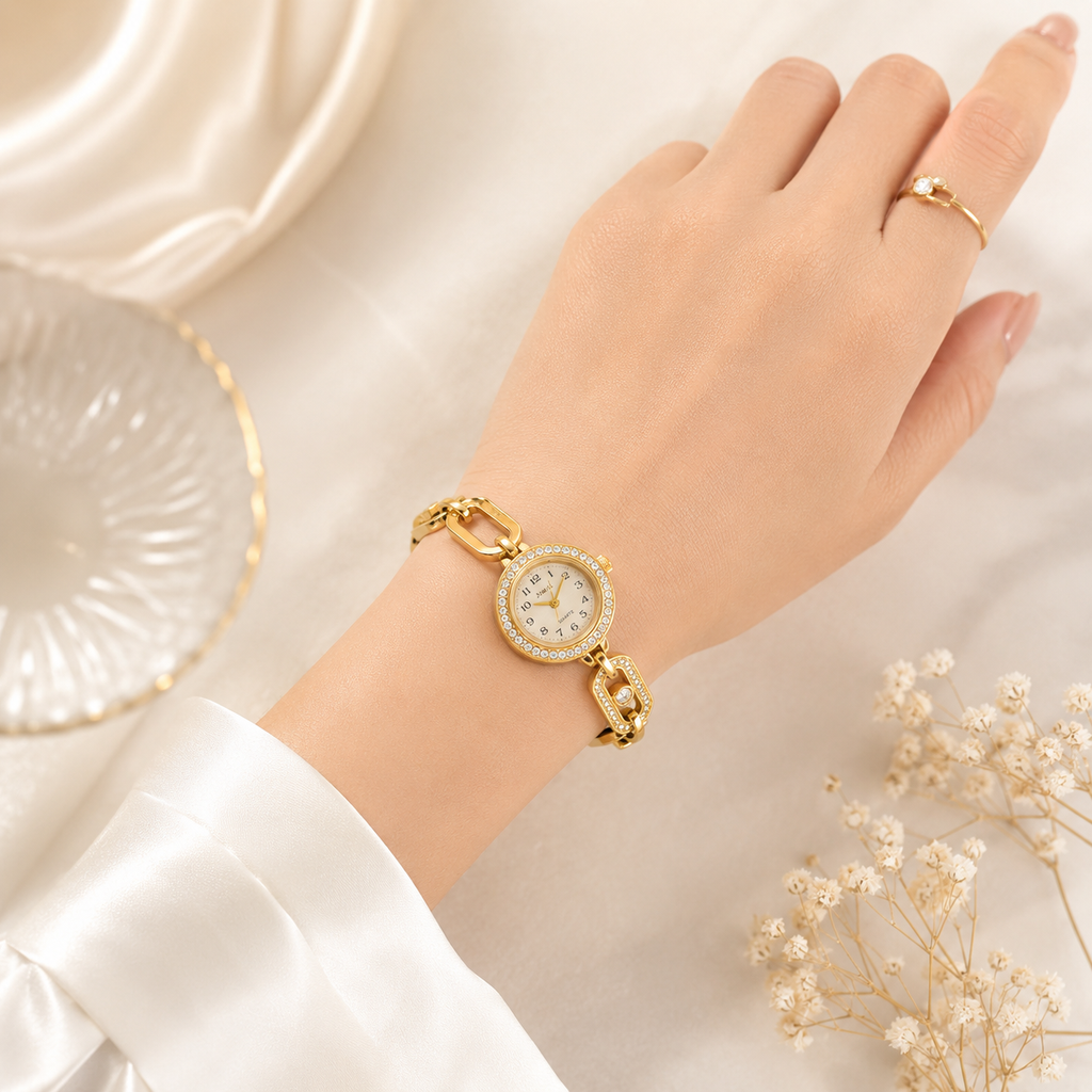 Women's Gold Quartz Watch – Crystal Bezel & Chain Link Strap
