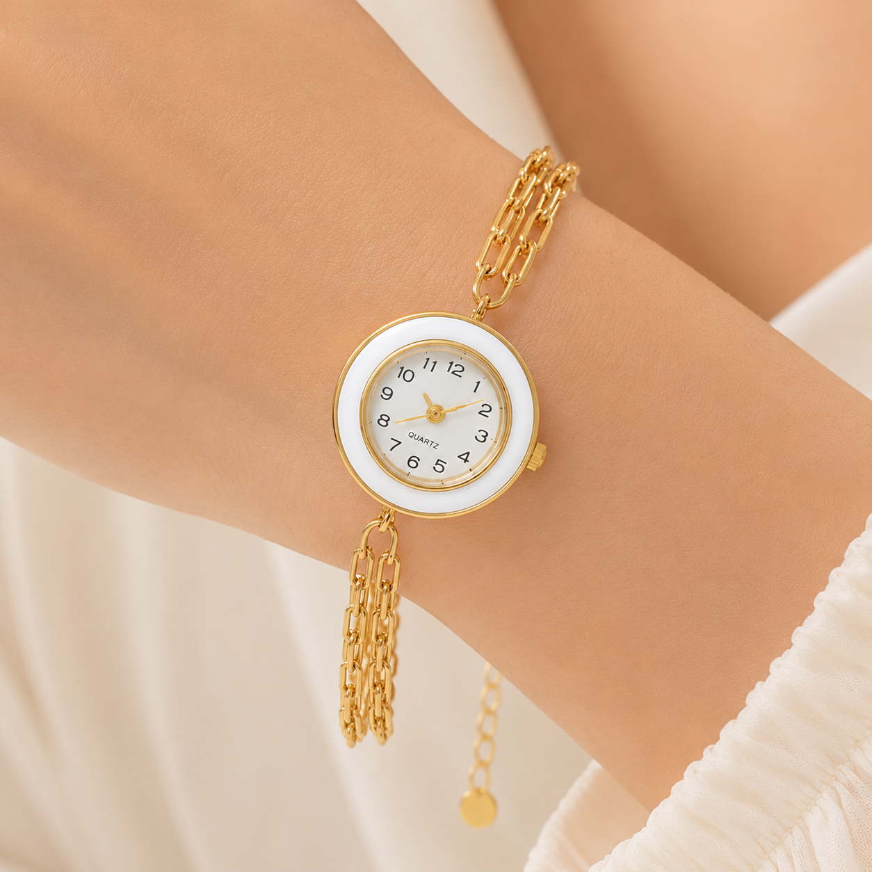 Women's Gold Quartz Watch – White Bezel & Triple Chain Bracelet