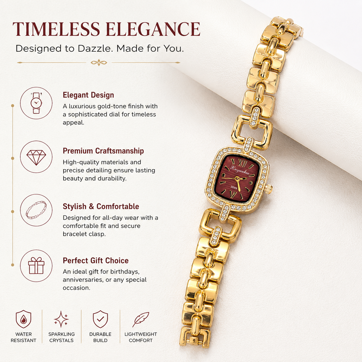 Women's Gold-Tone Bracelet Watch with Crystal Bezel & Burgundy Dial