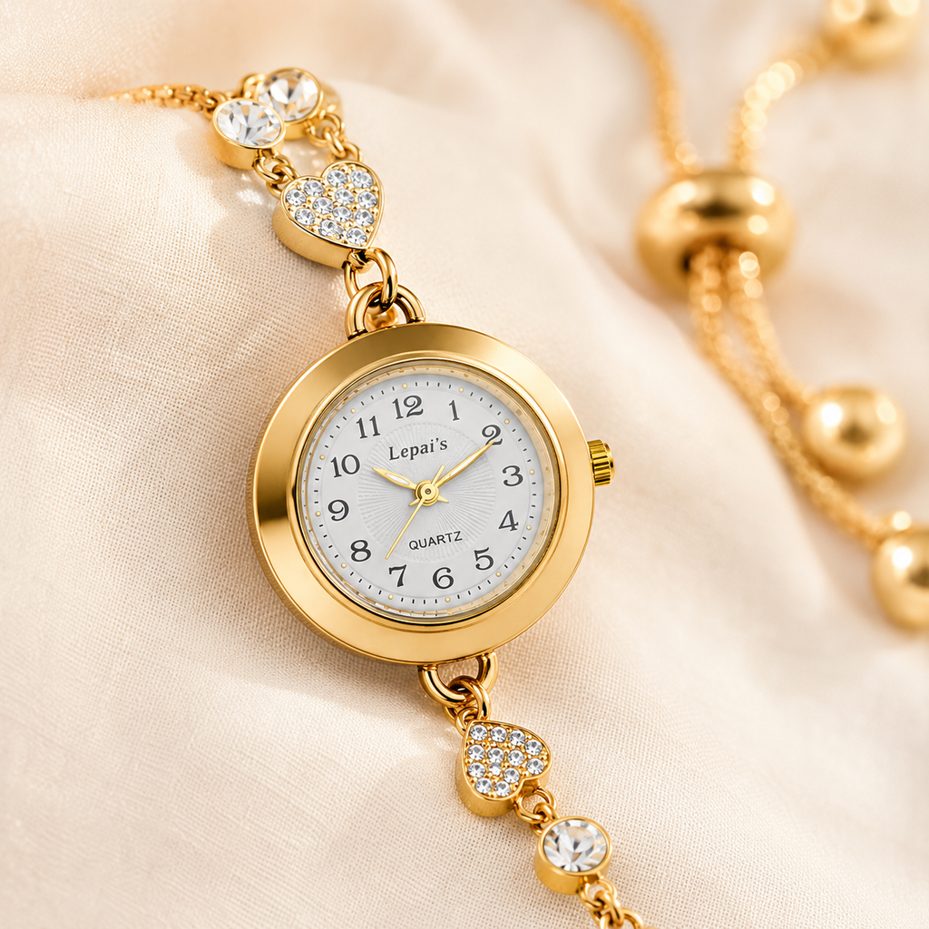 Lepai's Women's Gold Quartz Watch – Heart Crystal Bolo Bracelet