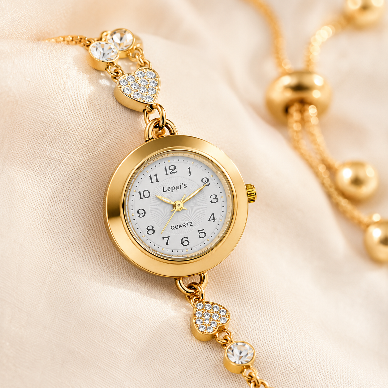 Lepai's Women's Gold Quartz Watch – Heart Crystal Bolo Bracelet