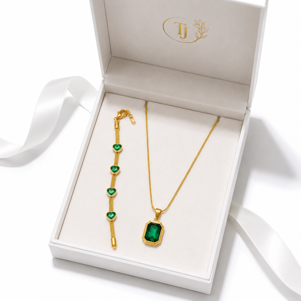 Emerald Green Pendant & Heart Bracelet Combo | 18K Gold Plated Anti-Tarnish Jewellery