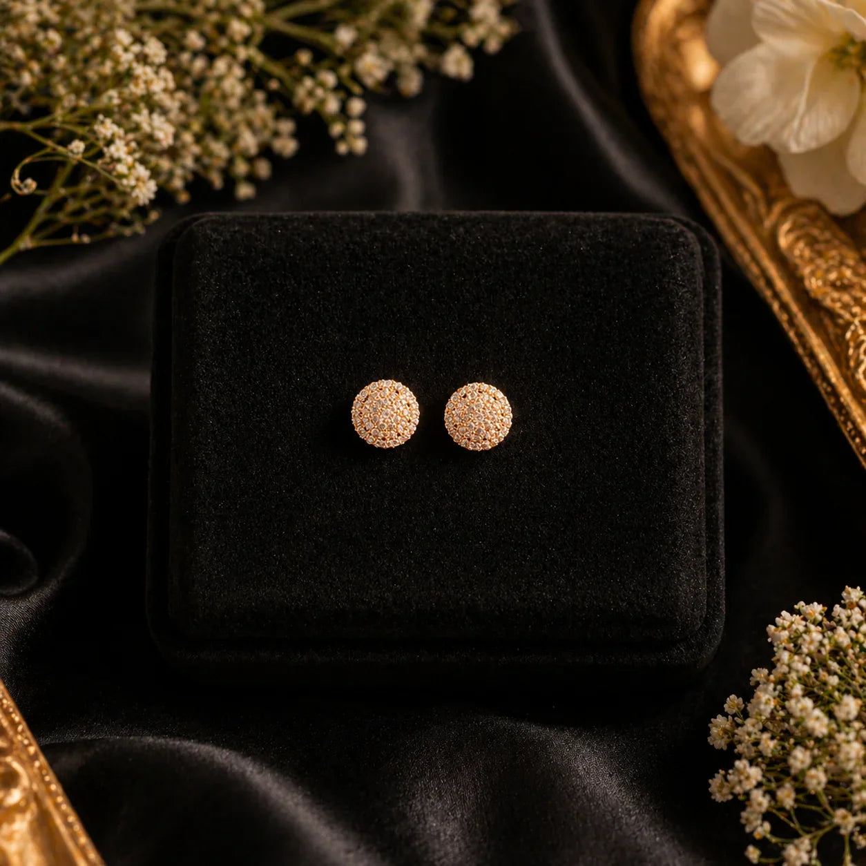 Sparkling gold stud earrings with cubic zirconia on black velvet, perfect for everyday luxury