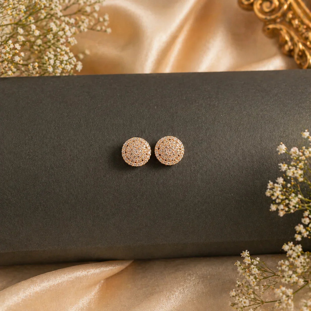 Sparkling round stud earrings with pave crystals, elegant anti-tarnish jewelry for women