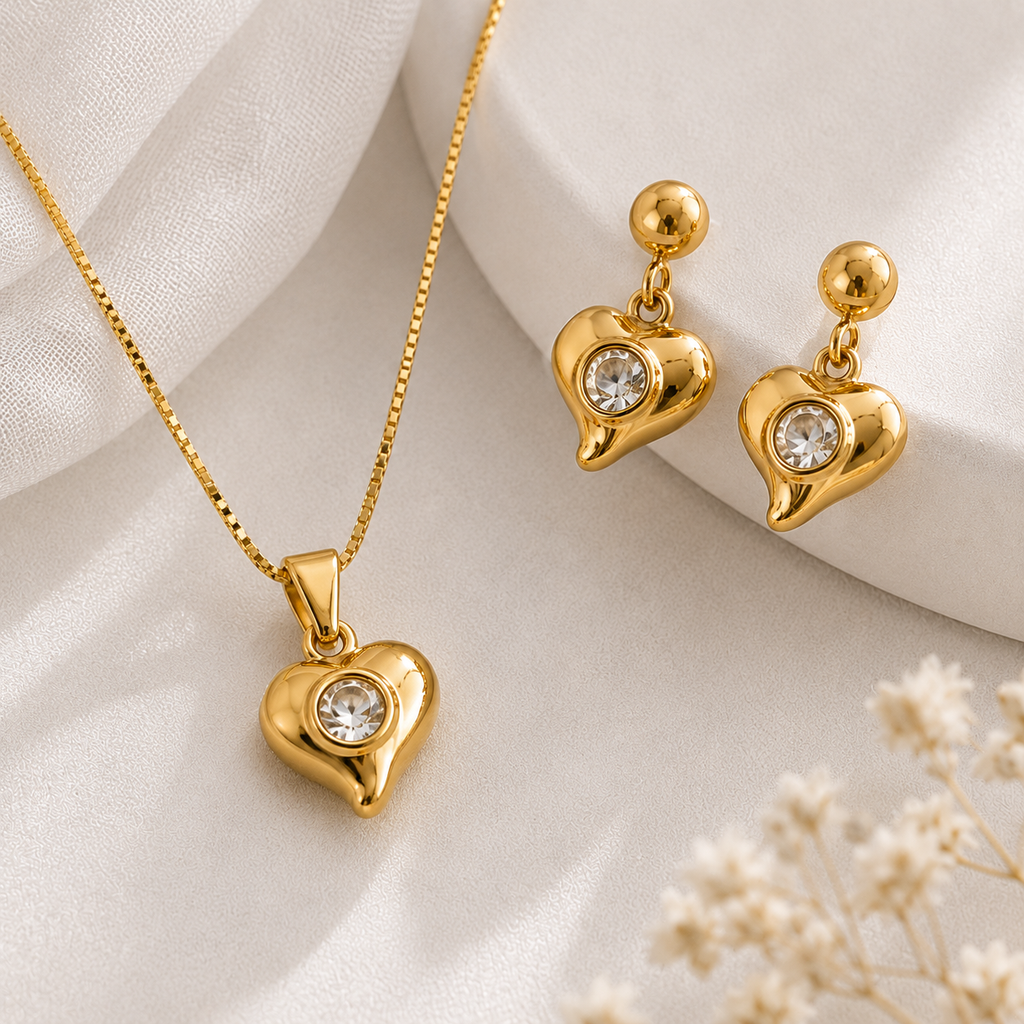 Gold-Plated Heart Crystal Necklace & Earrings Set for Women | Elegant Heart Jewellery
