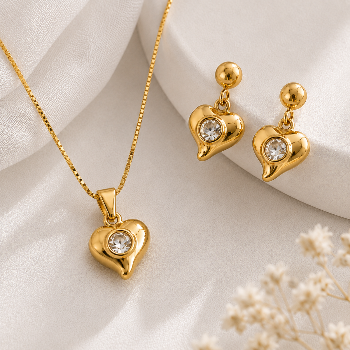 Gold-Plated Heart Crystal Necklace & Earrings Set for Women | Elegant Heart Jewellery