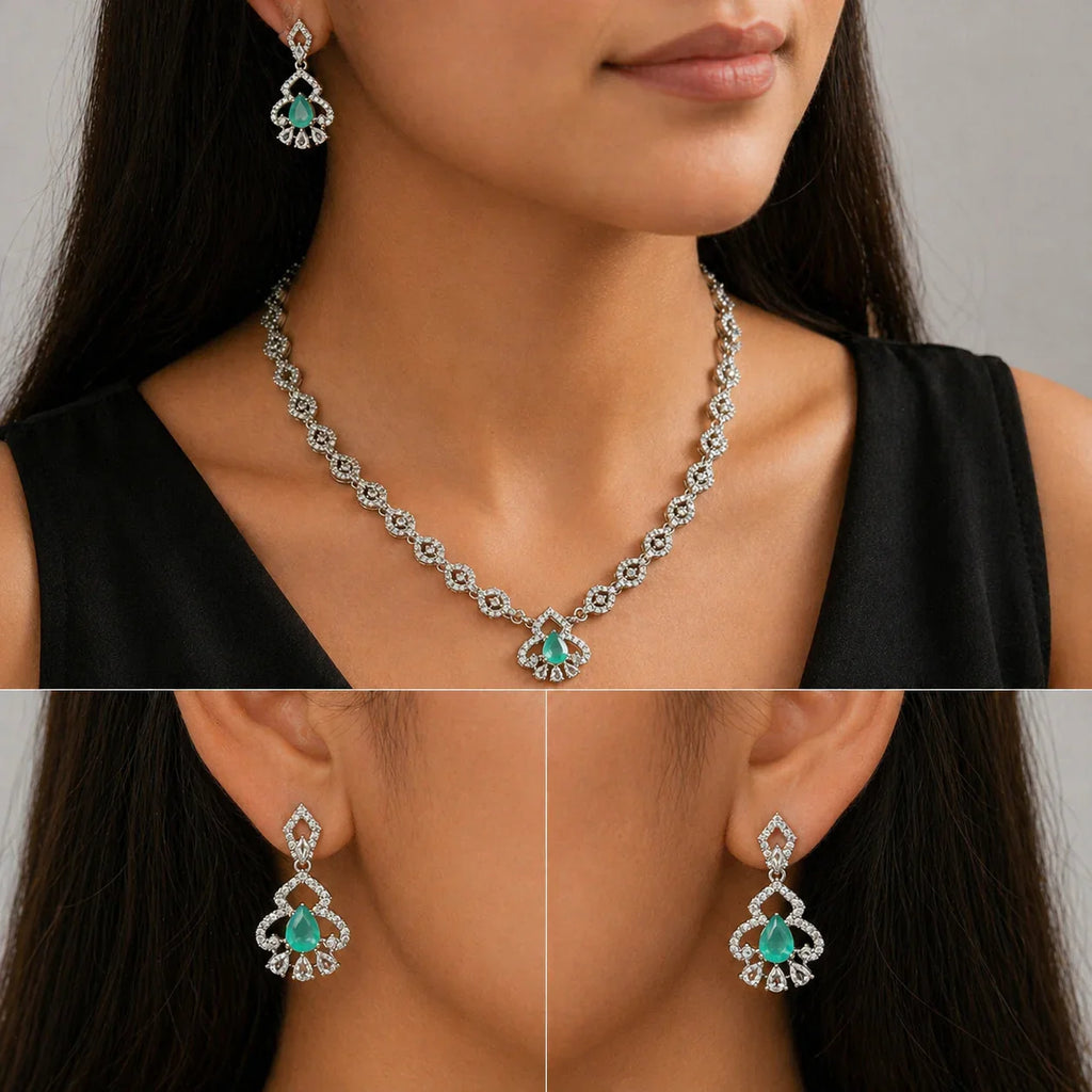 Elegant emerald and diamond necklace & earrings set for women, anti-tarnish luxury jewelry