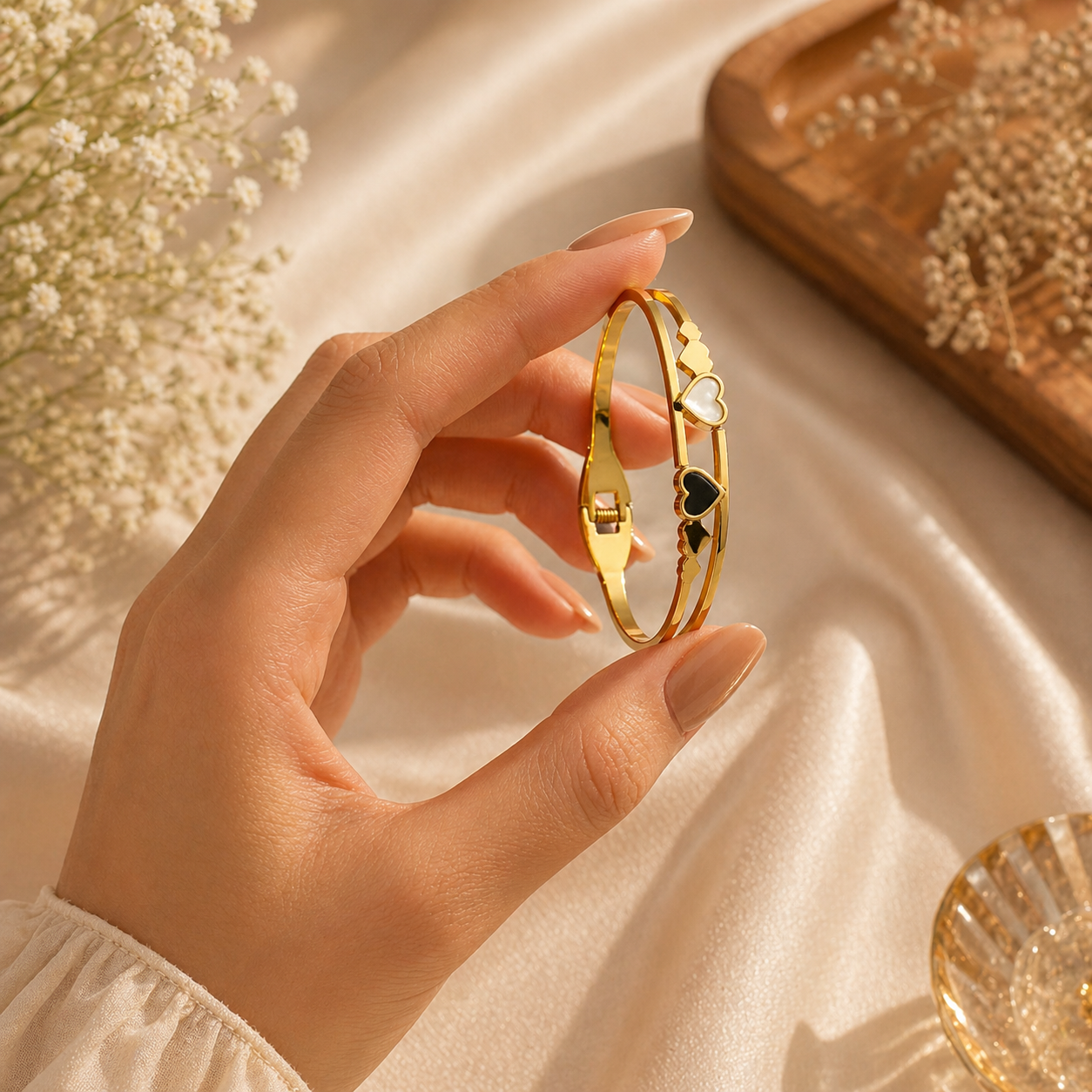 Gold heart bangle with black and white enamel details, held in hand over soft fabric and flowers