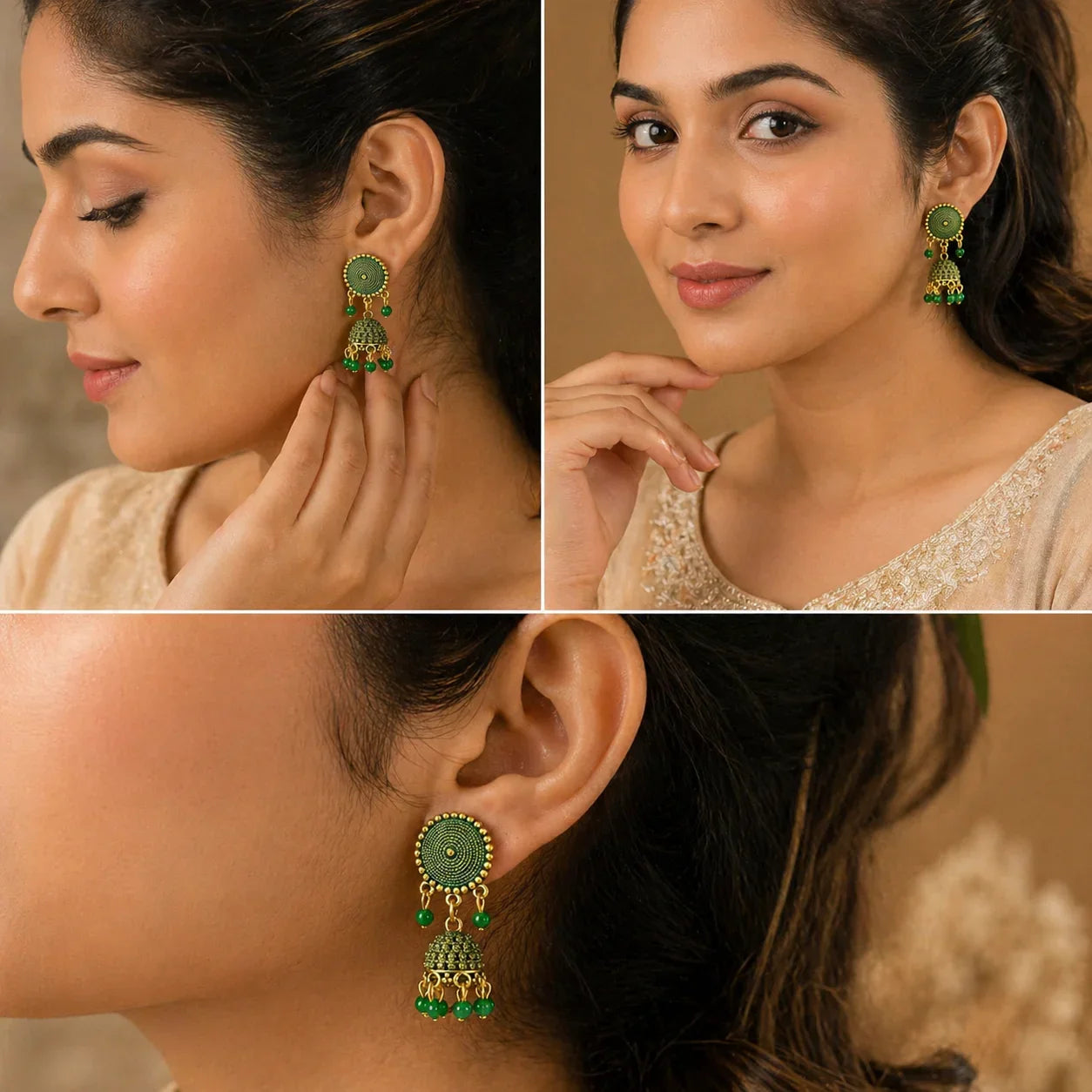 Green and gold jhumka earrings for women, anti-tarnish traditional jewelry with bead details