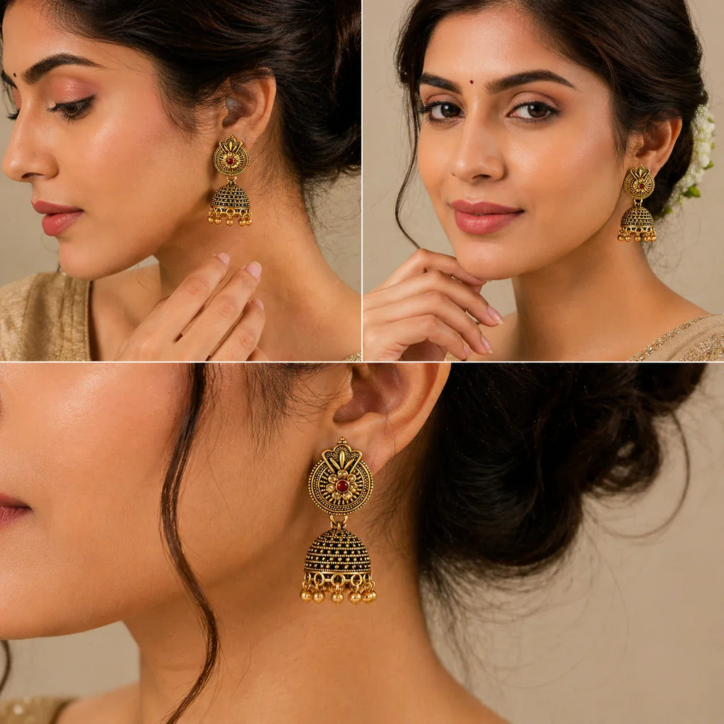 Elegant gold jhumka earrings with red stone, anti-tarnish design for women's everyday luxury wear