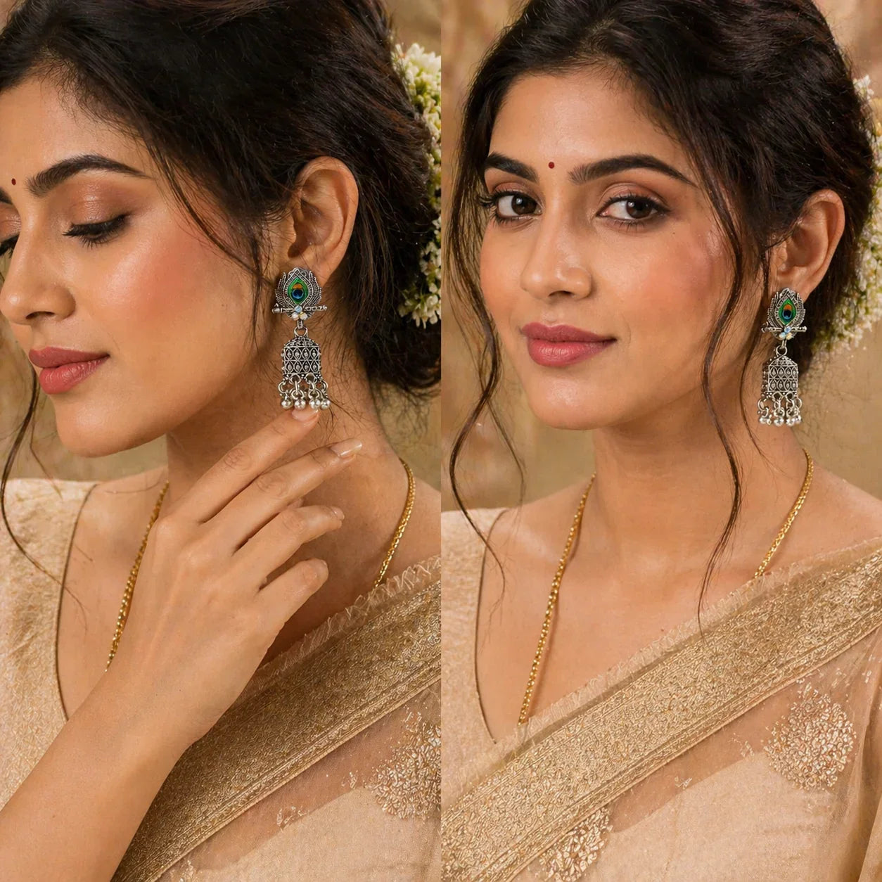 Elegant peacock jhumka earrings with green enamel, worn by woman in gold saree for festive occasions