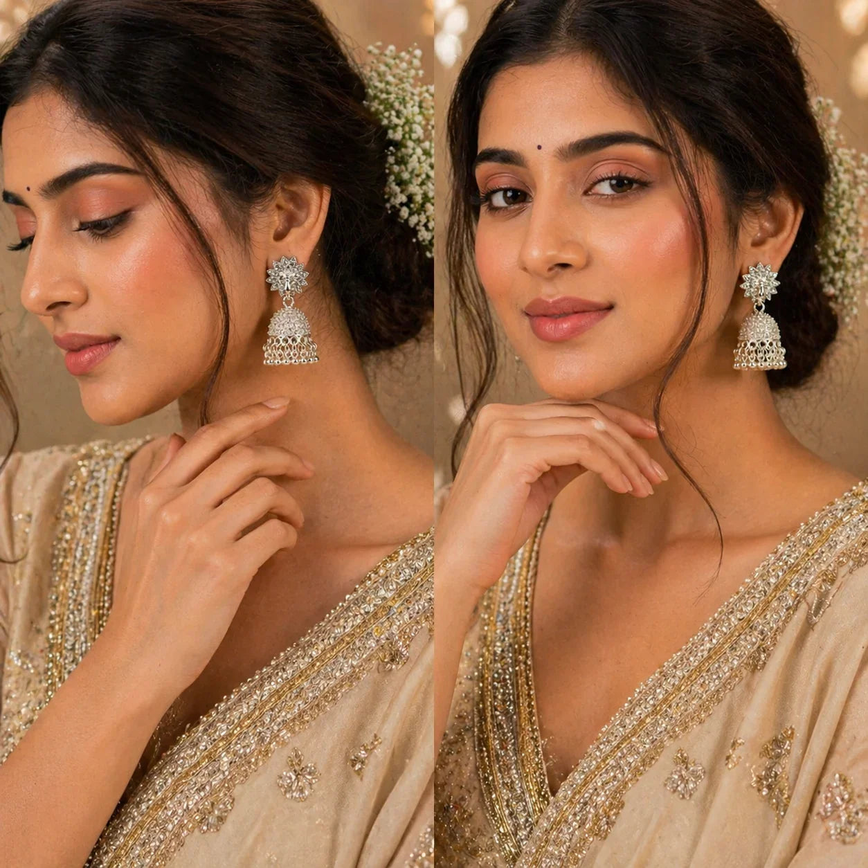 Elegant jhumka earrings with floral top, worn with embroidered saree for festive occasions