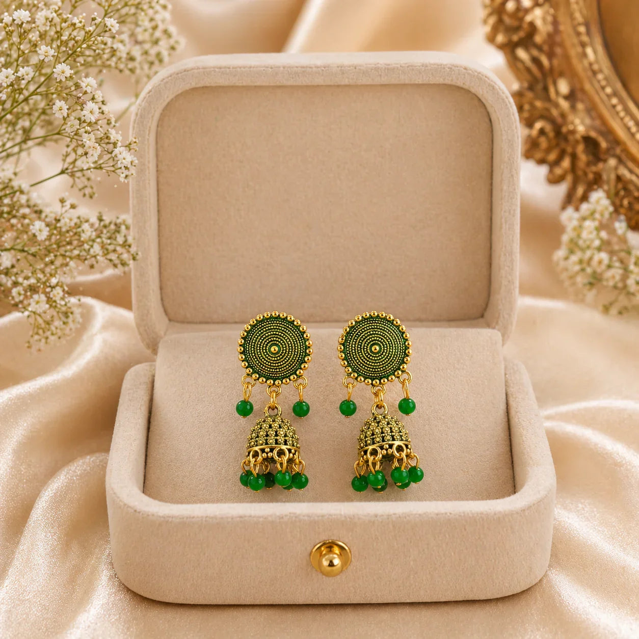 Green and gold jhumka earrings in velvet box, anti-tarnish Indian jewelry for women