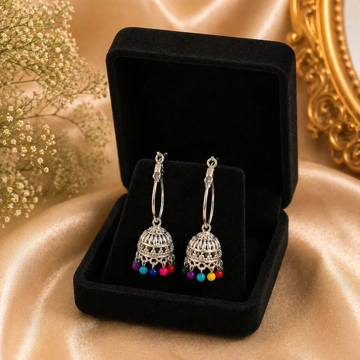 Silver jhumka earrings with colorful beads in black velvet box, anti-tarnish jewelry for women