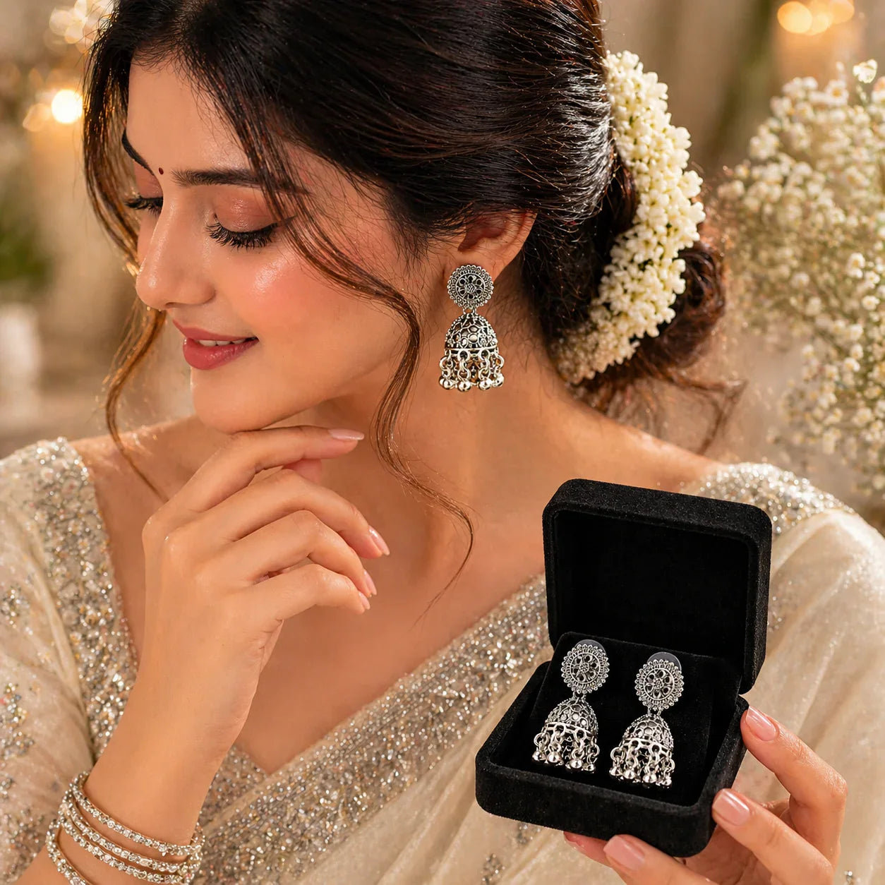 Elegant silver jhumka earrings with intricate filigree design, perfect for festive wear and everyday luxury.