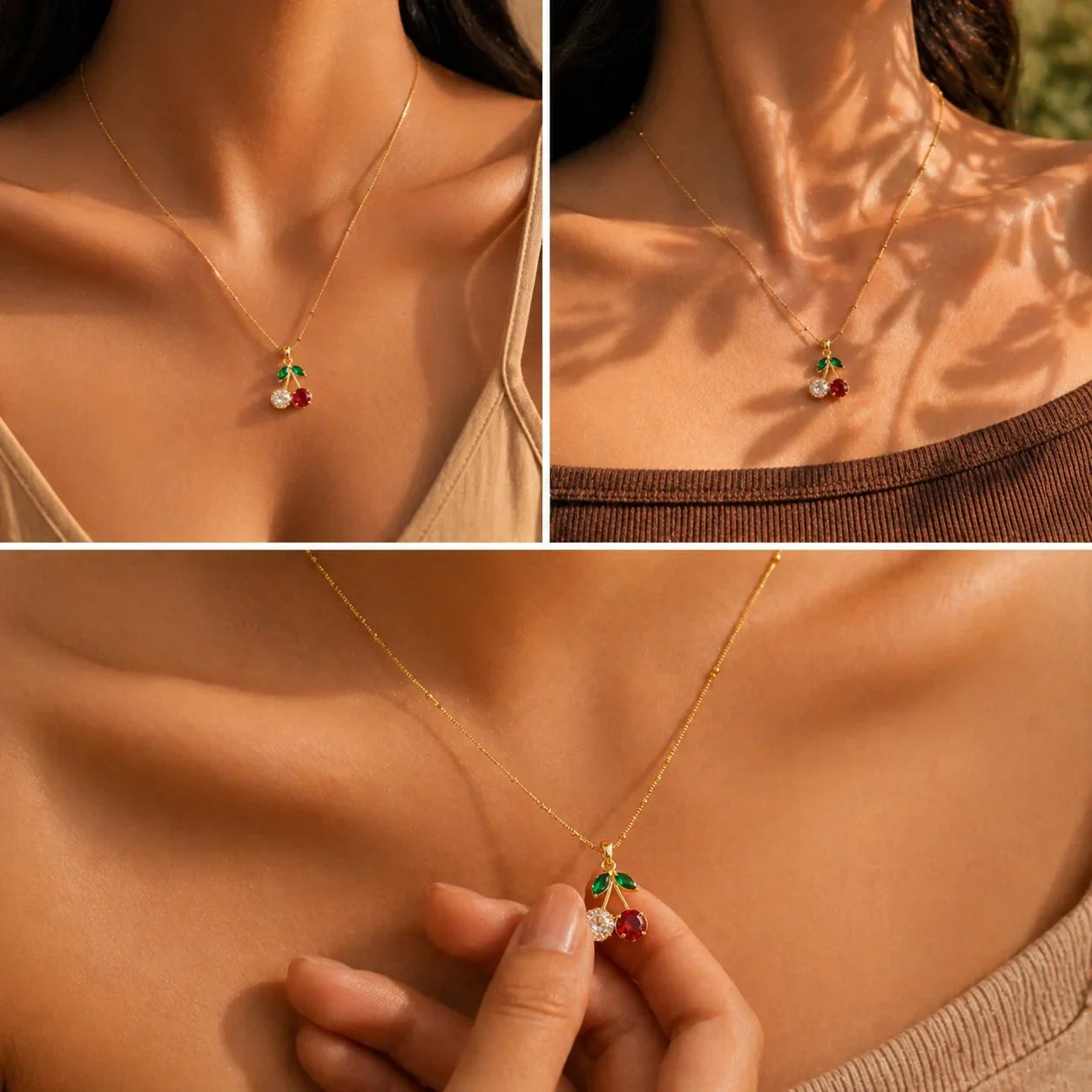 Gold cherry pendant necklace with red & white gemstones, anti-tarnish jewelry for women