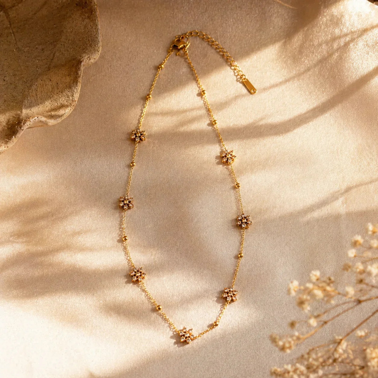 Delicate gold flower necklace with crystal accents, anti-tarnish everyday luxury jewelry for women