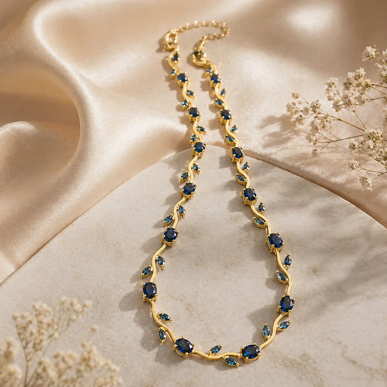 Elegant gold necklace with blue gemstones on silk, perfect for everyday luxury jewelry for women